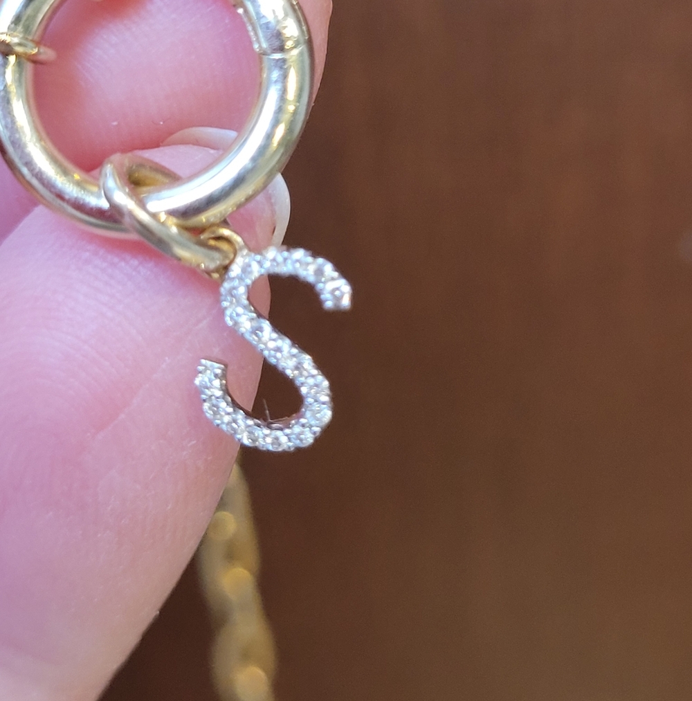 10k Solid Gold Initial 'S' Pendant Charm With Natural Diamonds, Approx 11mm.